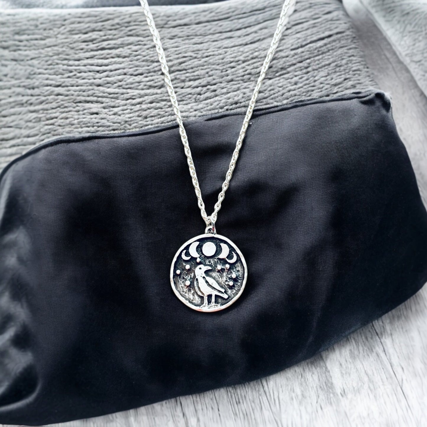 Crow coin necklace, Moon Phase Lunar Cycle Charm Pendant