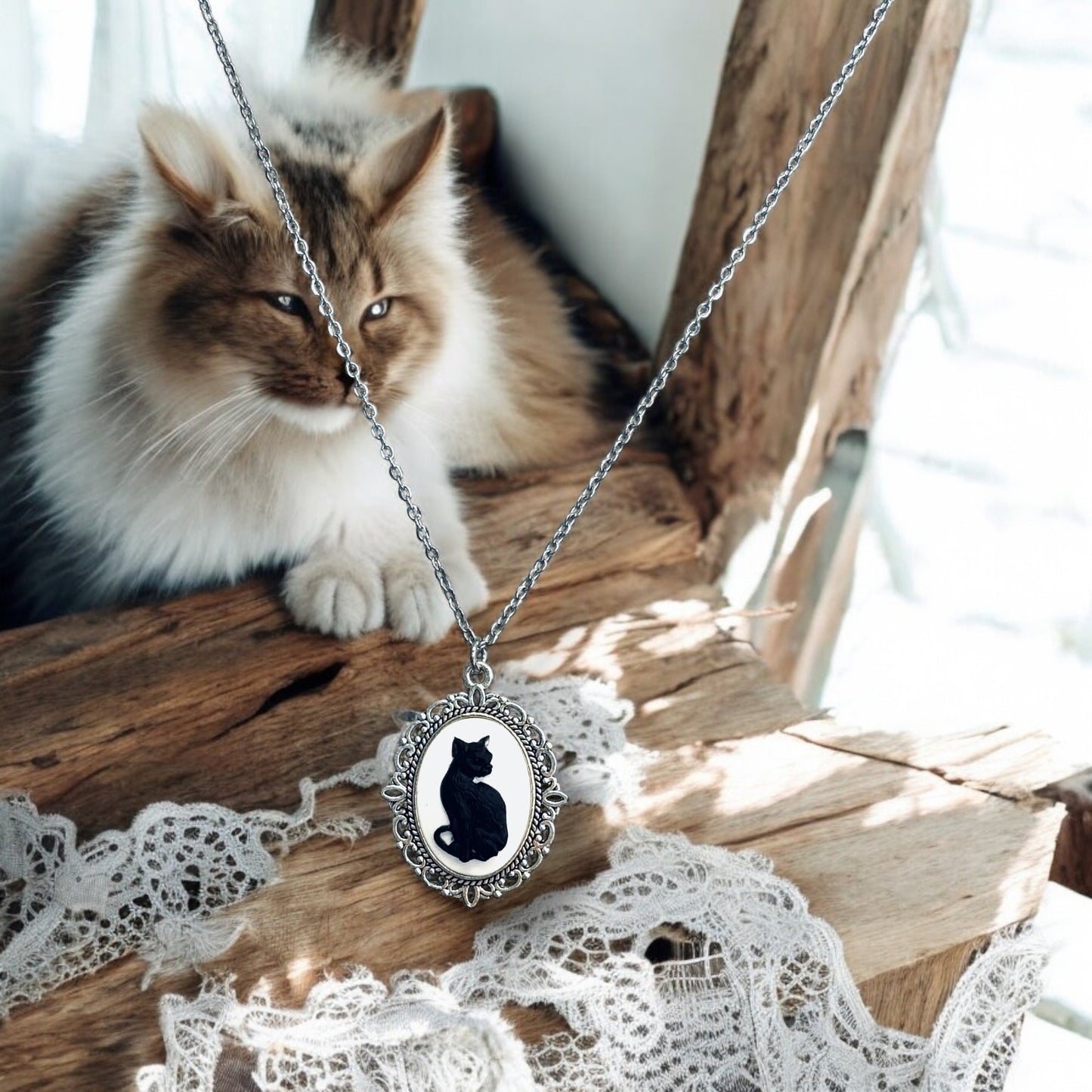 Gothic Lolita cameo pendant necklace crow skeleton black cat