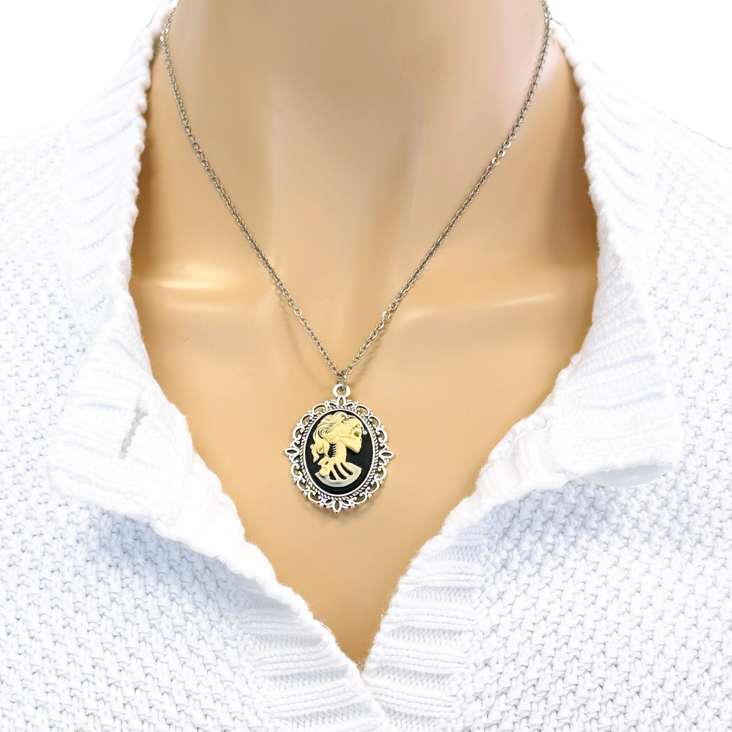 Gothic Lolita cameo pendant necklace crow skeleton black cat