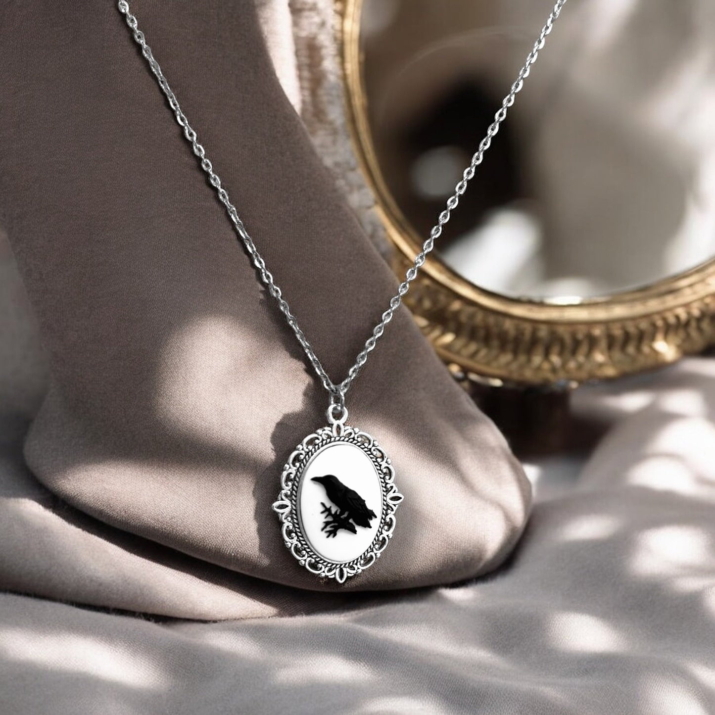 Gothic Lolita cameo pendant necklace crow skeleton black cat