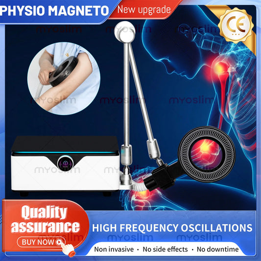 Physiotherapy device with text about high frequency oscillations and quality assurance on a blue background.