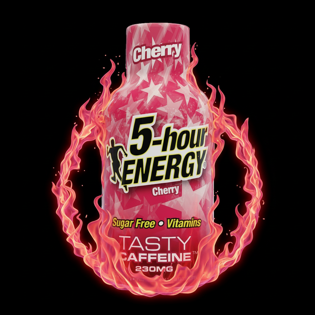 Pink '5-hour ENERGY' bottle with cherry flavor on a white background

