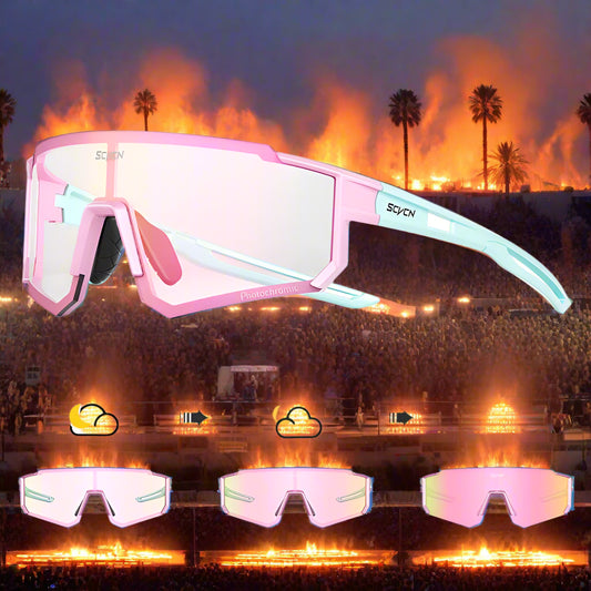 Pink and light blue sunglasses with interchangeable lenses on a white background, featuring the Scyn brand.