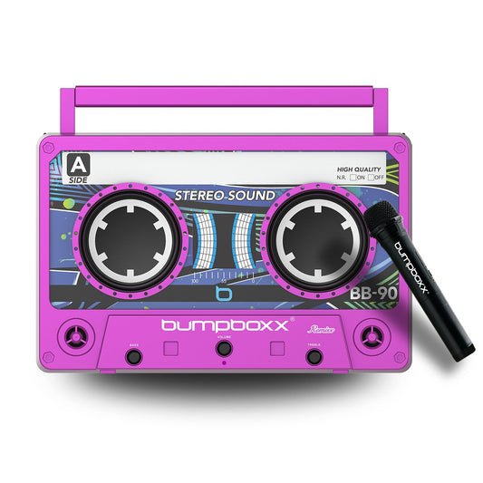 Pink and purple cassette-shaped boombox with 'bumpboxx' branding on a white background