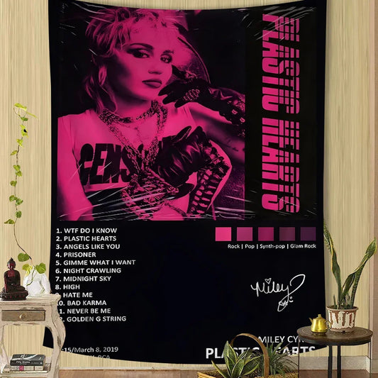 “Plastic Hearts & Power Chords” Miley Cyrus Album Wall Tapestry – Heavy Cotton Print for Rockcore Bedrooms, Hippie Hangouts & Hollywood Havoc - Premium poster from dsers - Just $43.99! Shop now at Lizard Vigilante