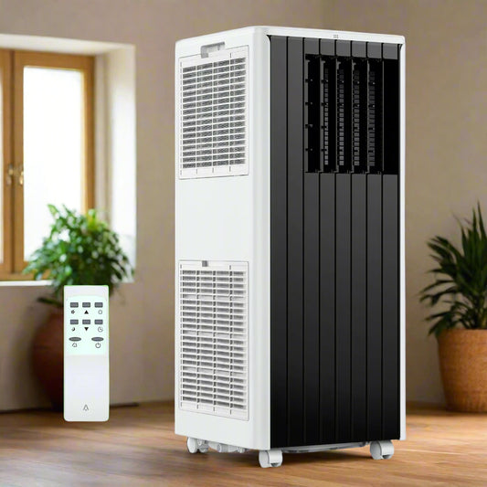 Portable air conditioner with remote control on a white background