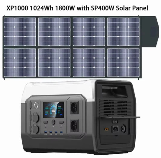 Portable power station with solar panel and specifications displayed