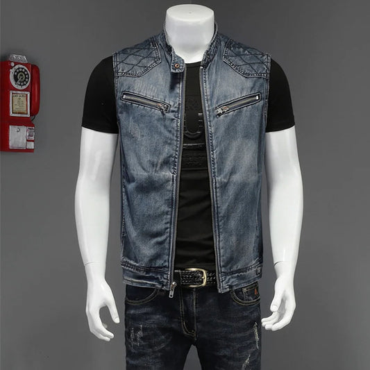 Punk Style Men's Denim Vest Sleeveless Jeans Jacket Men Ripped Slim Fit Waistcoat Stand Collar Cowboy Tops Hip Hop Streetwear - Premium  from Lizard Vigilante - Just $55.99! Shop now at Lizard Vigilante