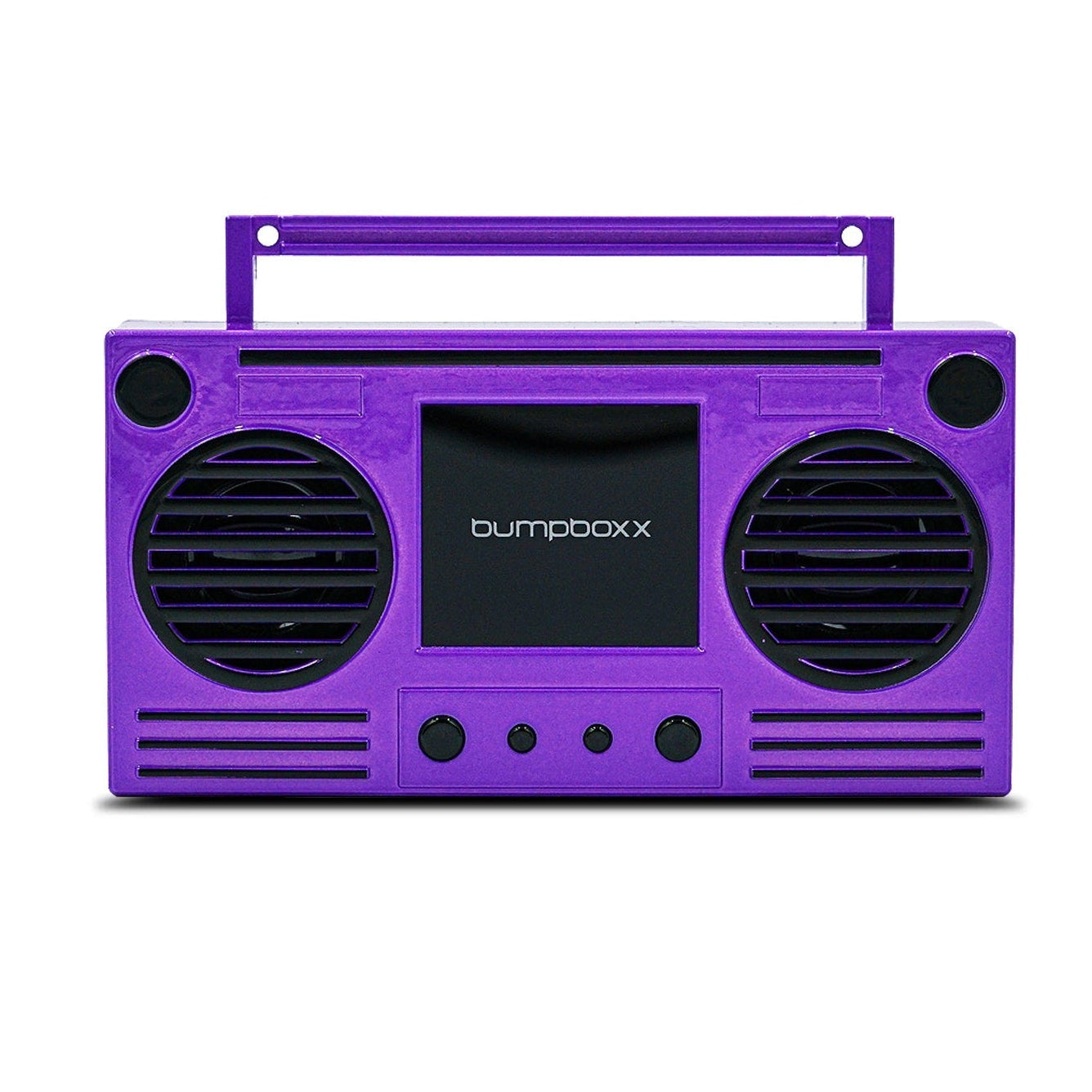 Purple boombox with 'Dumbbox' branding on a white background