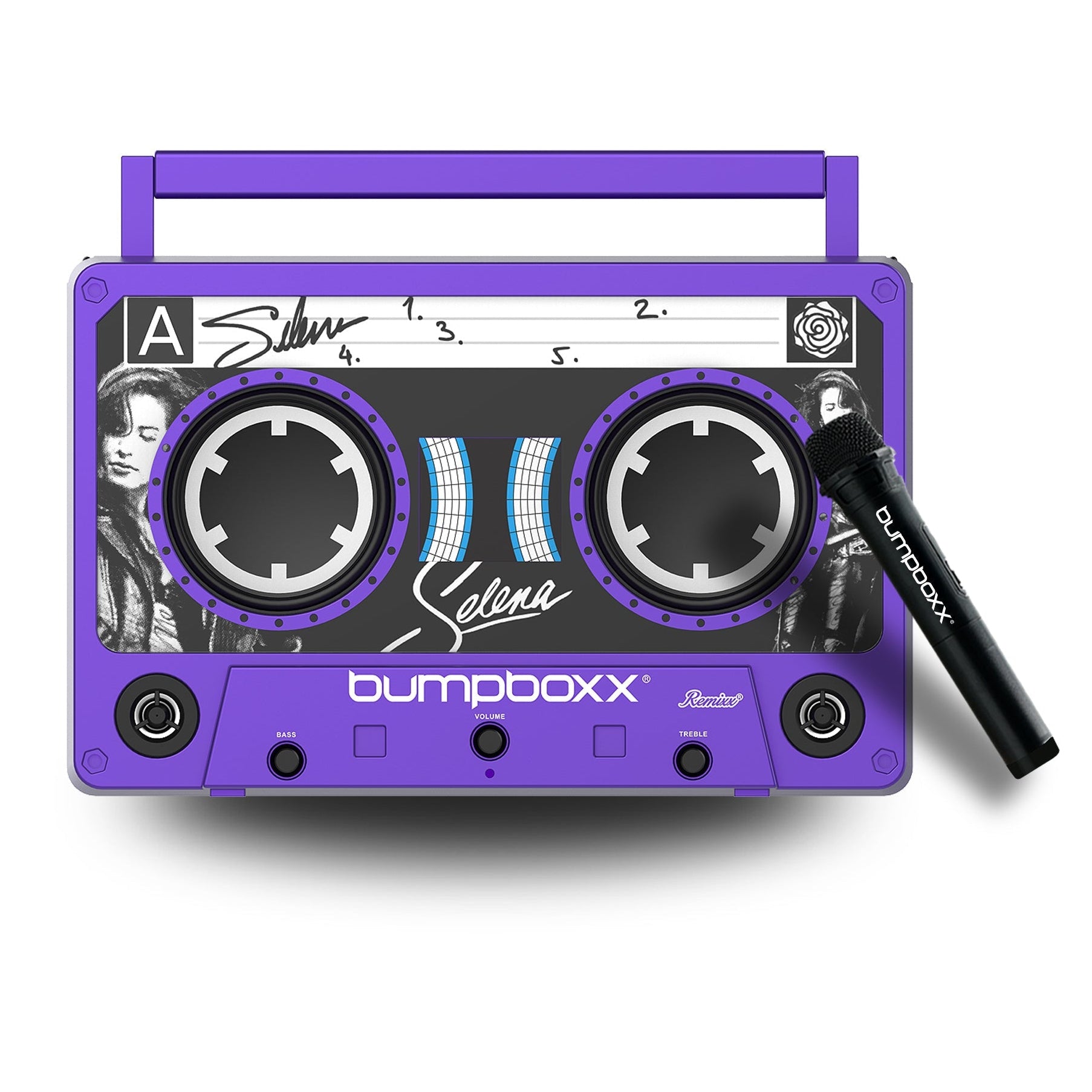 Purple boombox with Selena design on a white background
