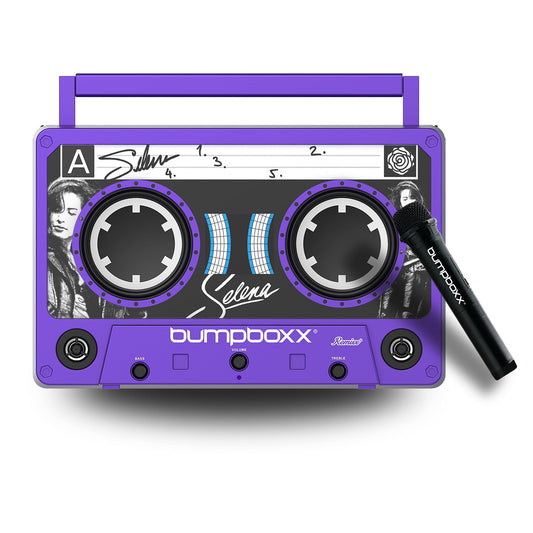 Purple boombox with Selena design on a white background