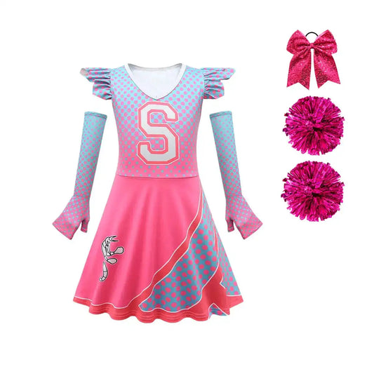 Zombie 3 Cheerleader Dresses for Girls Addison Alien Dresses for Girls Addison Zombies Dresses Kids with Pom Poms and Bow Hair Rope 7-8Y
