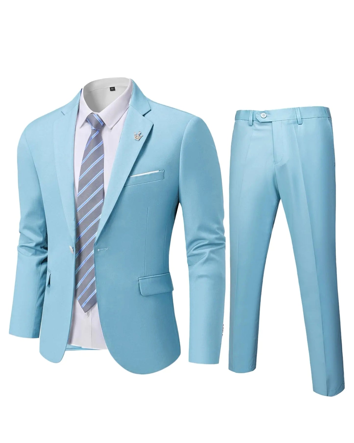 YND Mens Slim Fit 2 Piece Suit One Button Jacket Pants Set with Tie Solid Party Wedding Dress Blazer Tux Trousers Sky Blue