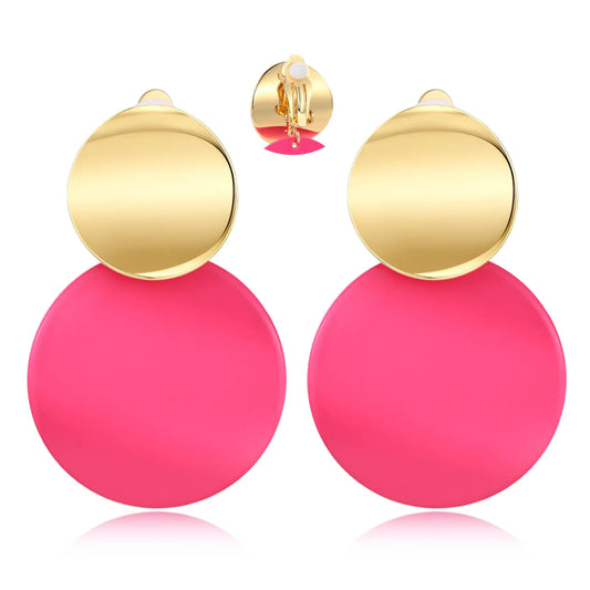 LILIE&WHITE Gold Clip On Earrings For Women Round Disc Earrings In Gold And Pink Color Geometric Earrings Clip On Dangle Earrings Statement Earrings Jewelry