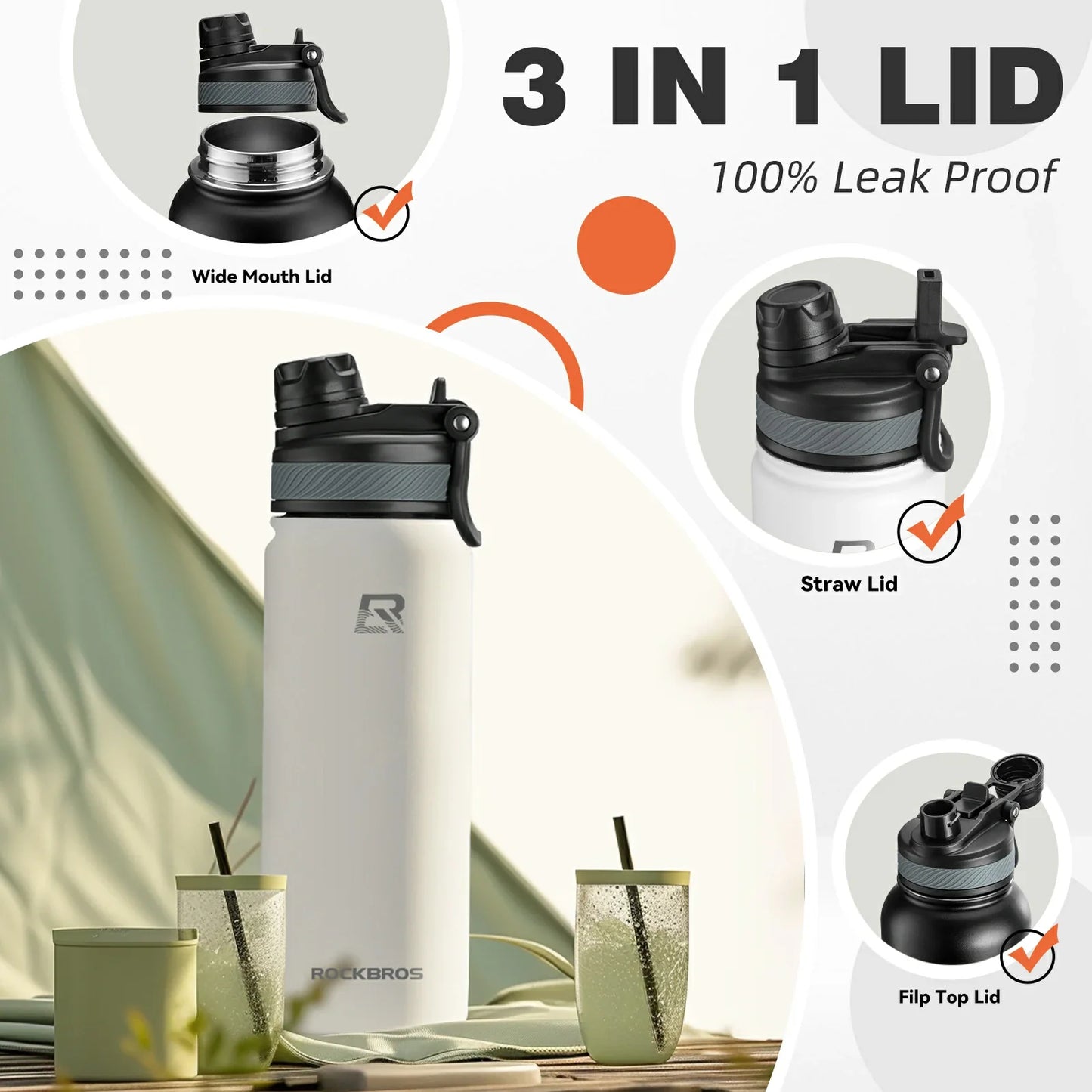 ROCKBROS Stainless Steel Insulated Water Bottle with Straw