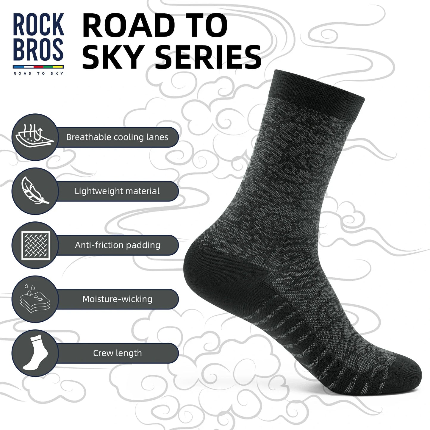 ROCKBROS Road to Sky Bike Socks Breathable Fabric Antibacterial Long Ride Cushioned