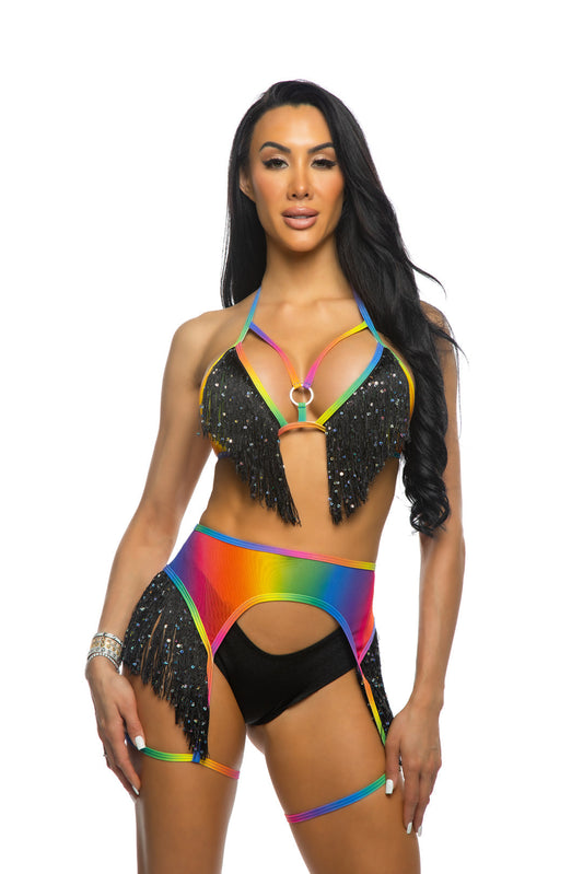 Rainbow Fringe Top, Garter & Short Set