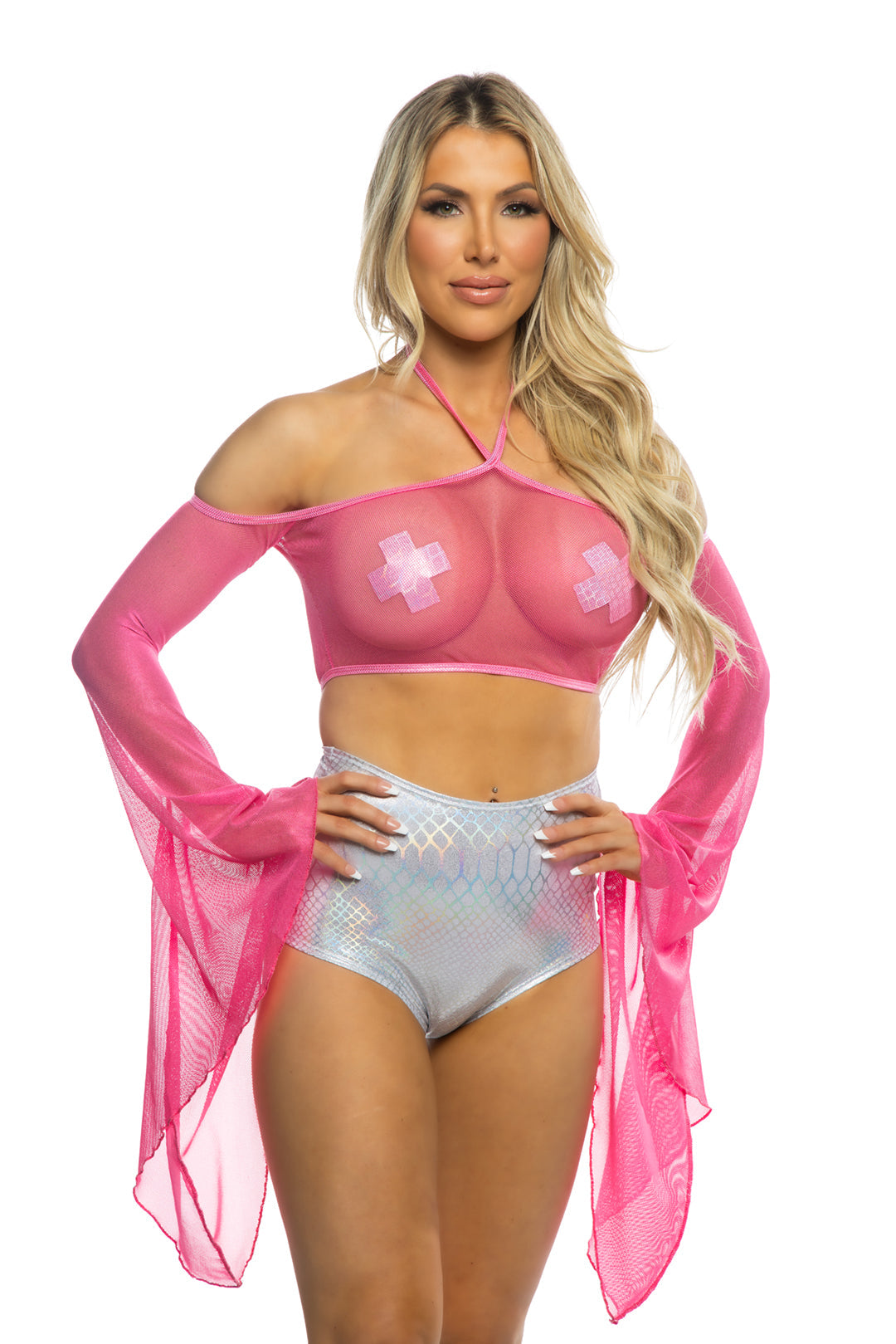 Coated Fishnet Flair Sleeve Halter