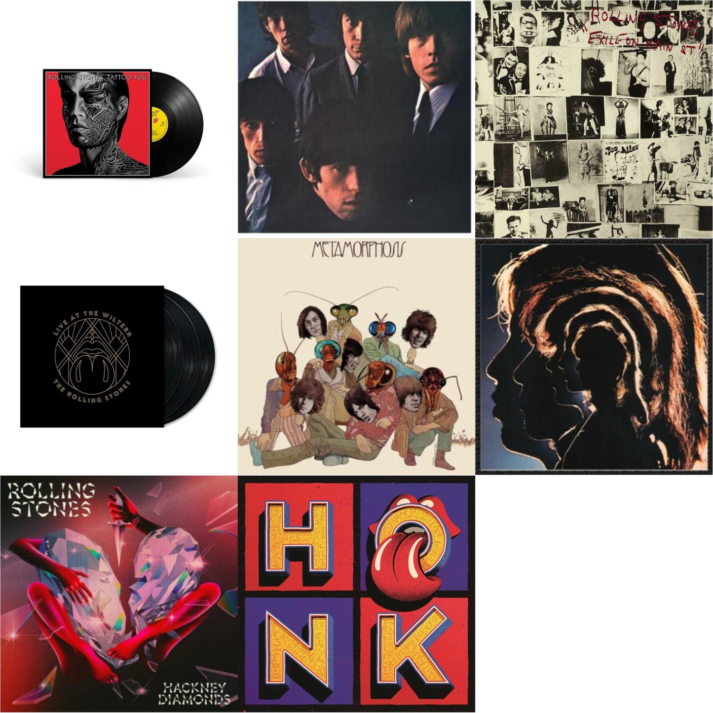 Rolling Stones No.2 (180G) & Metamorphosis & Hot Rocks 1964-1971 (2LP) & Tattoo You (2021 Remaster) & Hackney Diamonds & Live At The Wiltern (3LP) & Exile On Main Street (2LP) & Honk (Translucent Red Vinyl/2LP)