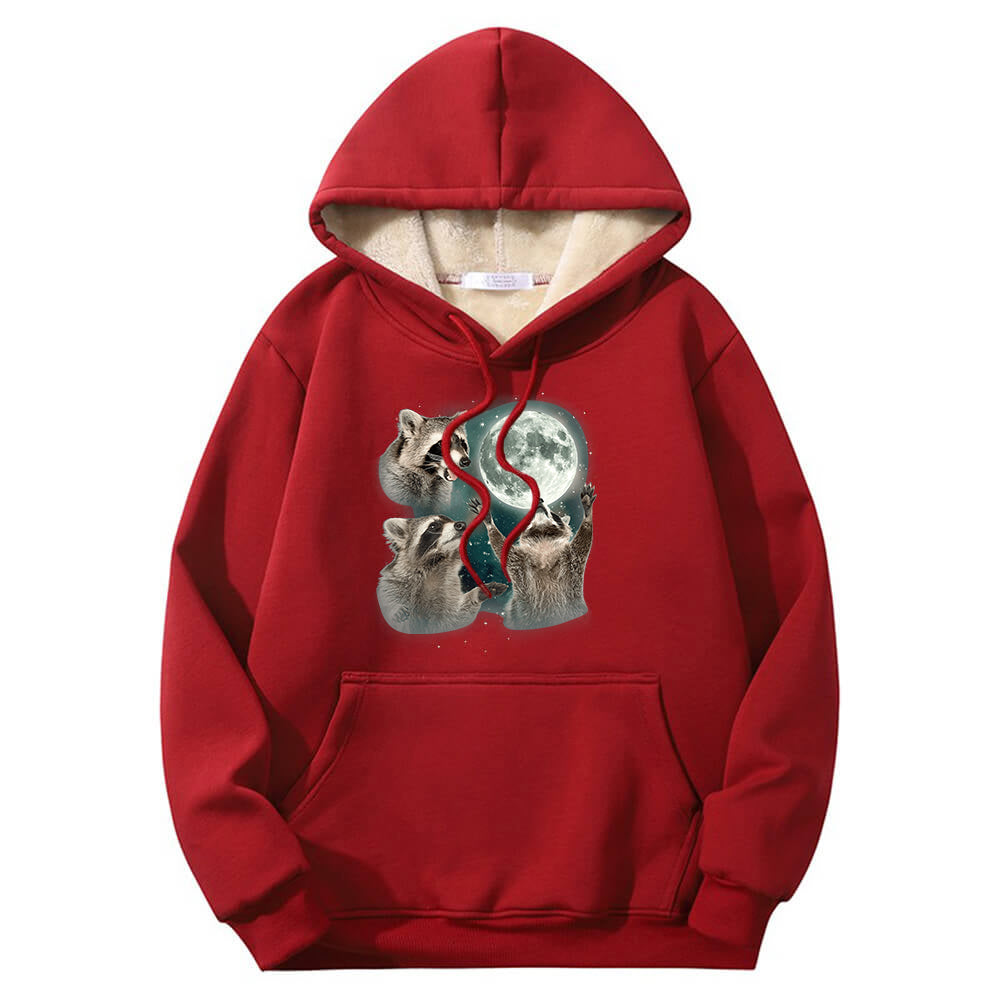 Racoons howling at the Moon Crew Collar Fleece Sherpa Hoodie
