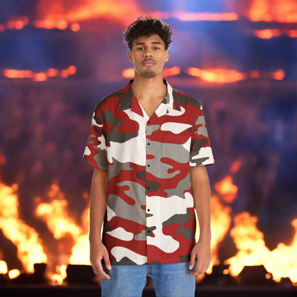 Red Black White Camo Men's Hawaiian Shirt - Lizard Vigilante