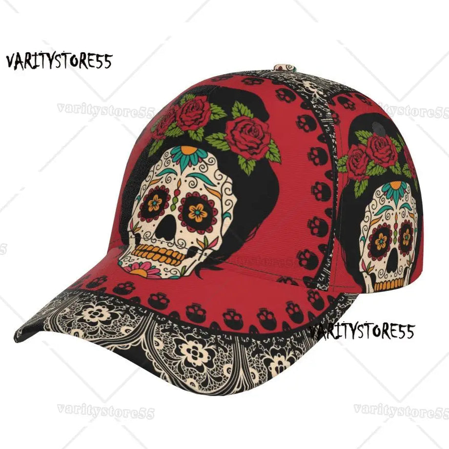 Red cap with sugar skull and rose design on a white background