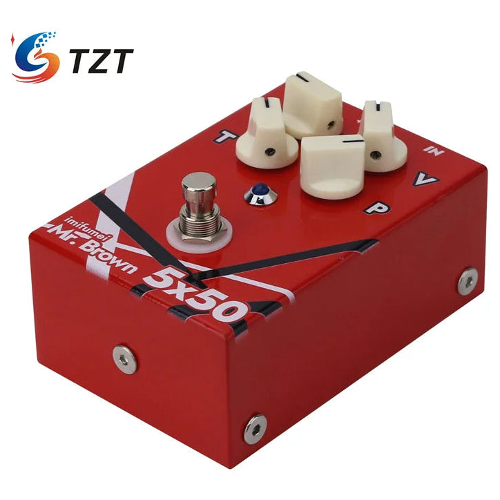 Red guitar effects pedal with white knobs and branding on a white background