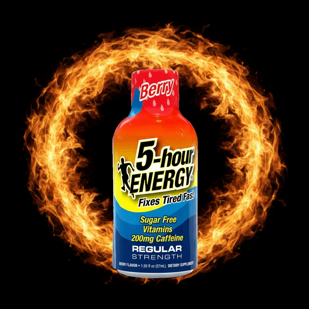 5-hour ENERGY shot bottle with berry flavor on a black background