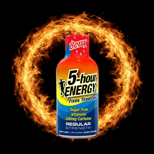 5-hour ENERGY shot bottle with berry flavor on a black background