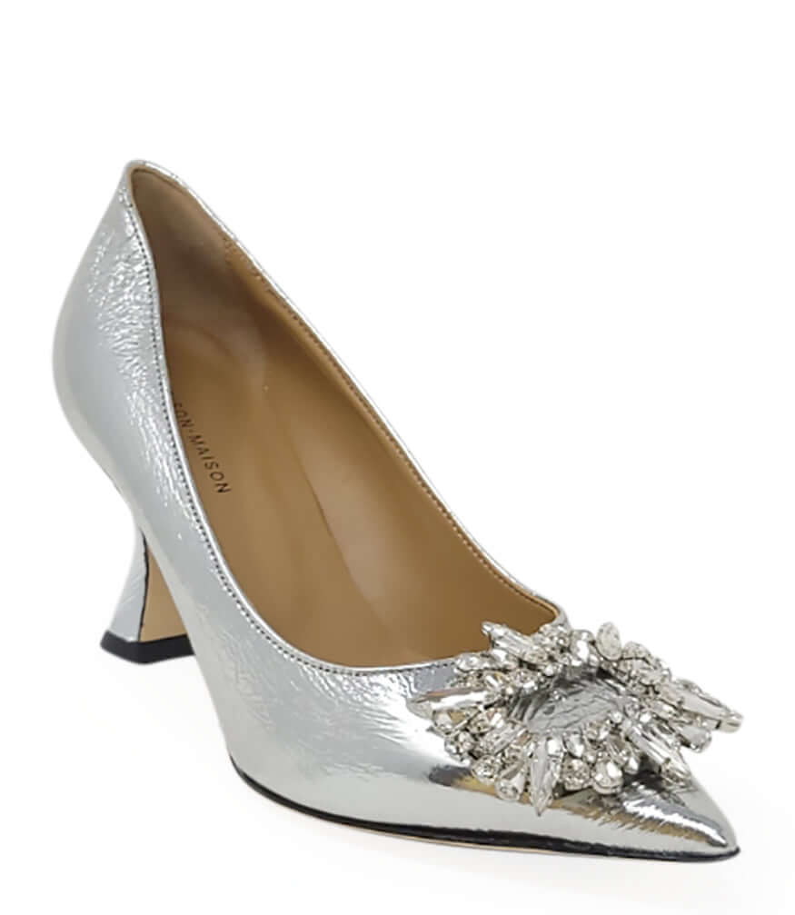 Silver  Leather Kitten Heel Pump