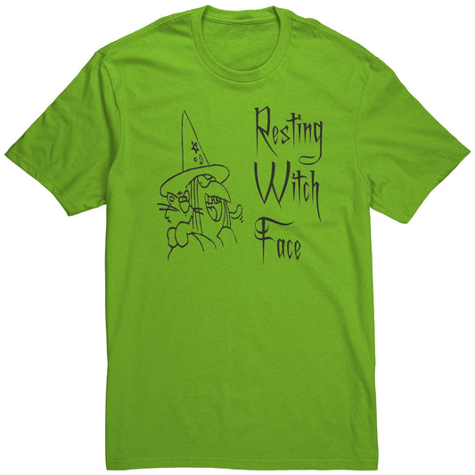 Resting Witch Face in Evil Font with an Image of a Woman and Her Cat - HALLOWEEN Special Muliti Colored Unisex Tee Shirt - Lizard Vigilante