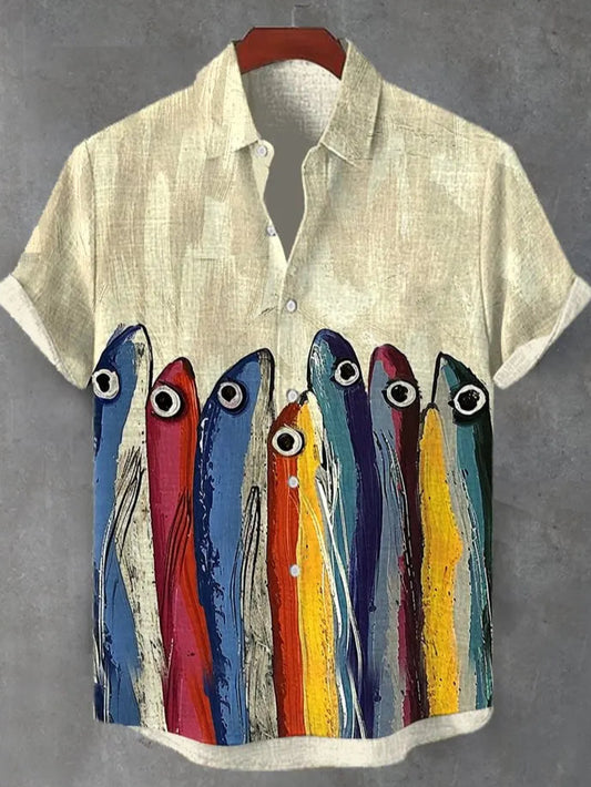 Retro Fish Pattern Print Linen Shirt – Men's Casual Spring Button Top - Premium top from dsers - Just $28.77! Shop now at Lizard Vigilante