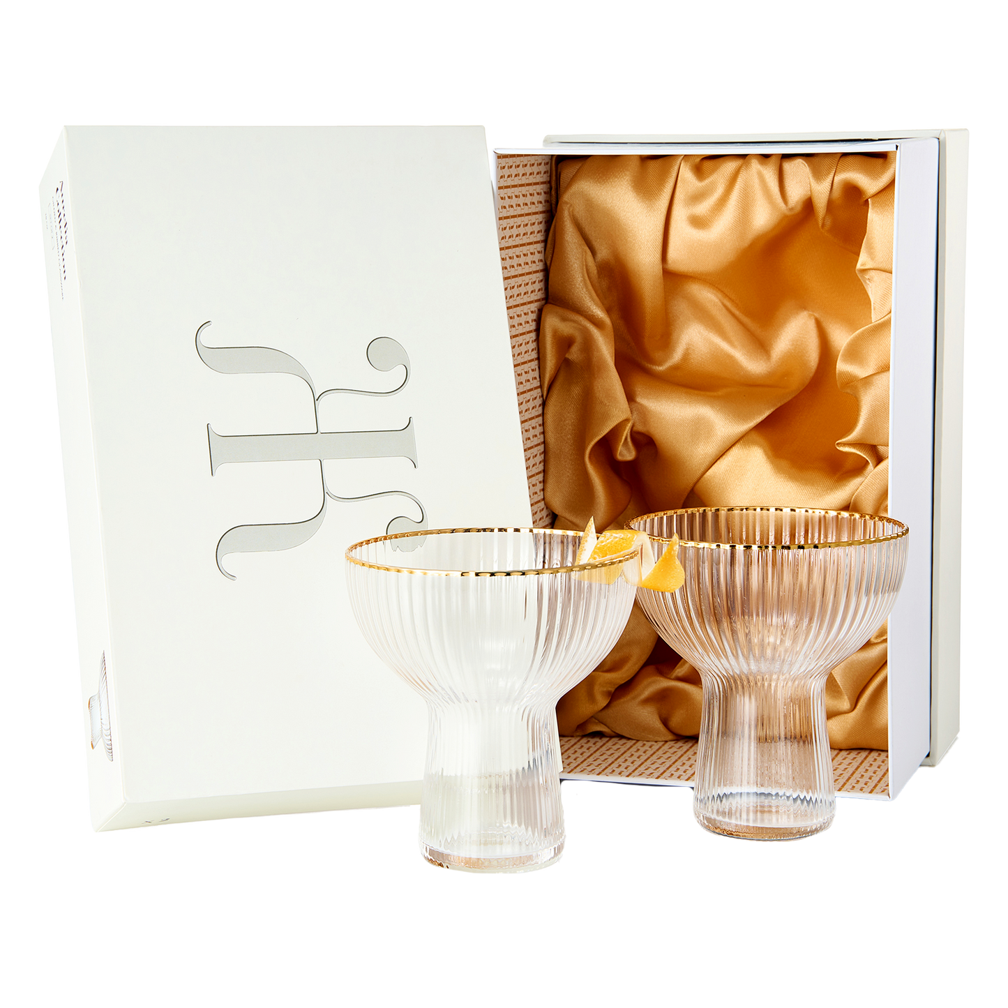 Ribbed Stemless Margarita, Martini & Champagne Glasses with Gold Rim - Set of 2 - Hand Blown Cocktail Luxury Coupe – Large Party, Elegant Ripple Design, Gilded, Premium Hand Blown Glassware (10 OZ)