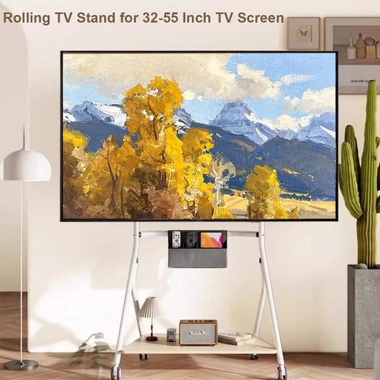 Rolling TV stand with a TV displaying a nature scene in a living room setting.