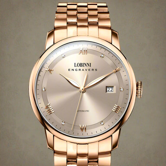 Rose gold watch with 'Lobinni Engravers' branding on a white background