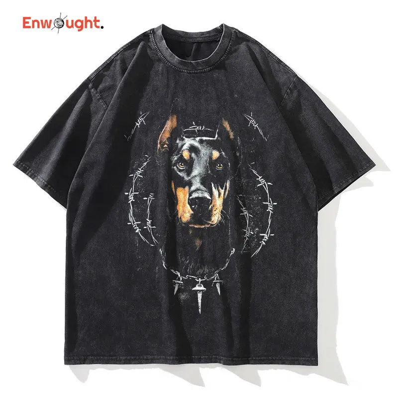 Doberman T-shirts Oversized Vintage Washed Hip Hop High Street T Shirt Retro Cute Dog DTG Printing Short Sleeve Tops Tees Cotton - Lizard Vigilante