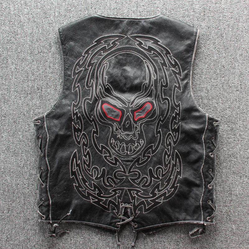 Men's High Quality Genuine Leather Skull Waistcoat Cowhide Skeleton Wornout Vintage Motorcycle Sleeveless Vest Spring - Lizard Vigilante