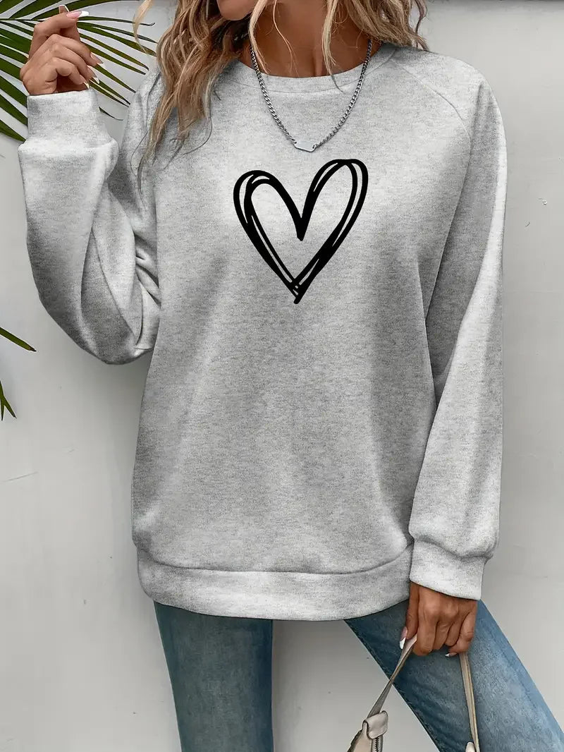 Heart Print Casual Pullover Sweatshirt for Women – Cozy Crew Neck, Fall & Spring Essential - Premium sweatshirt from Lizard Vigilante - Just $38.88! Shop now at Lizard Vigilante