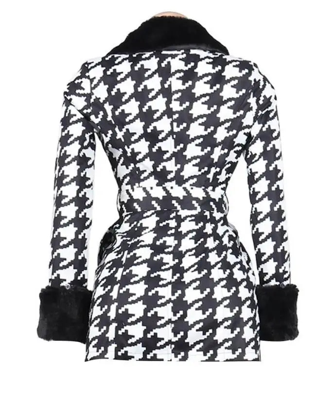 Winter Houndstooth Print Double Breasted Coat – Casual Fuzzy Trim Women's Jacket for Autumn/Winter - Premium coat from Lizard Vigilante - Just $48.88! Shop now at Lizard Vigilante