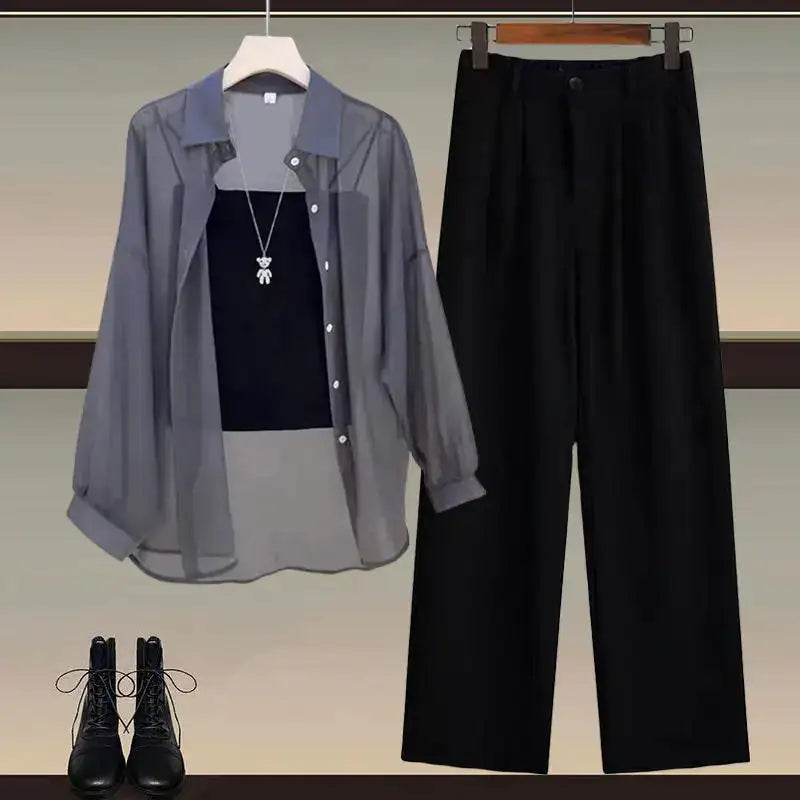 Summer Set Women's 2024 New Style Wear Sunscreen Chiffon Shirt with Slimming Slimming Suit Pants Three Piece Set