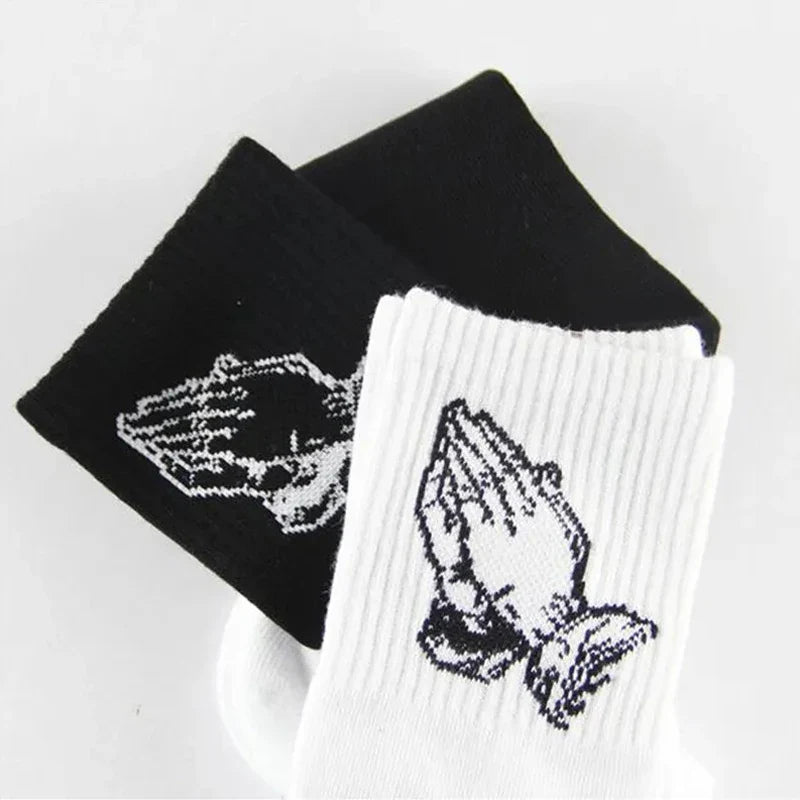 Fashion Skate Cotton Crew Socks of Virgin Mary Gesture Pattern for Men Women Hip Hop Funny Novelty  White Black Funky