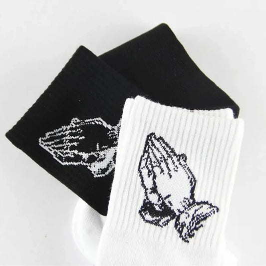 Fashion Skate Cotton Crew Socks of Virgin Mary Gesture Pattern for Men Women Hip Hop Funny Novelty  White Black Funky