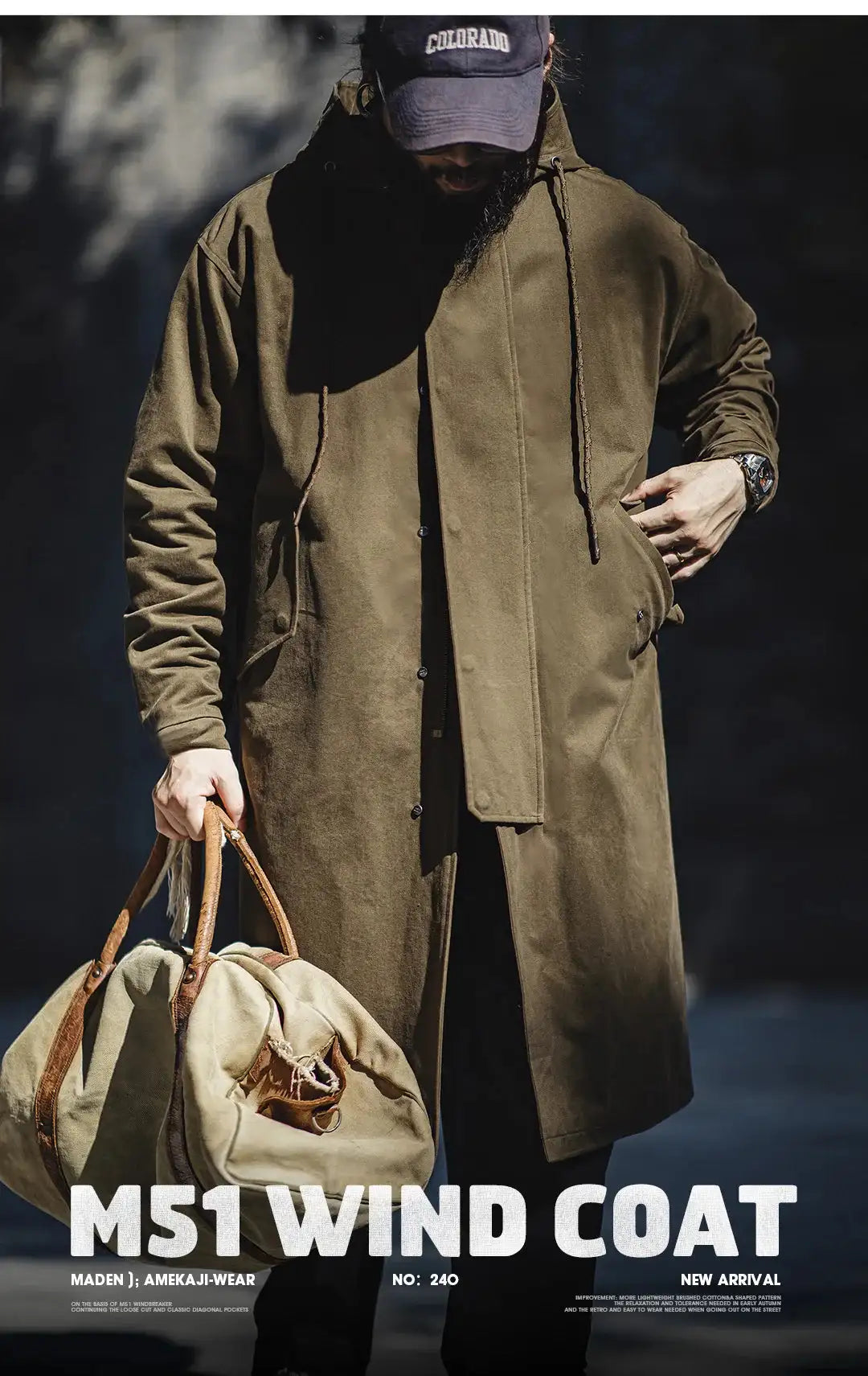 Maden Retro M51 Hooded Windbreaker Loose Fit Cotton Zipper Mid-length Jacket Versatile Solid Color Outerwear for Men's Autumn