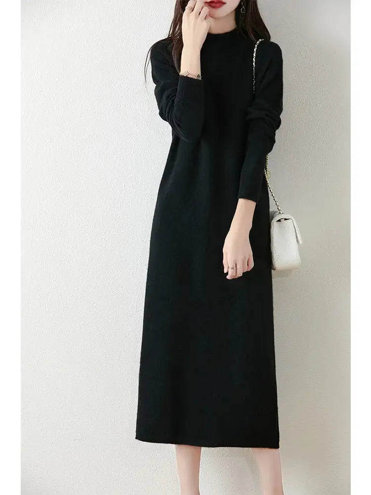 Autumn Winter Women's Wool Long Dress Cashmere Mock Neck Pullover Sweater 100% Merino Wool Soft Knitwear OL Simple Basic Dress