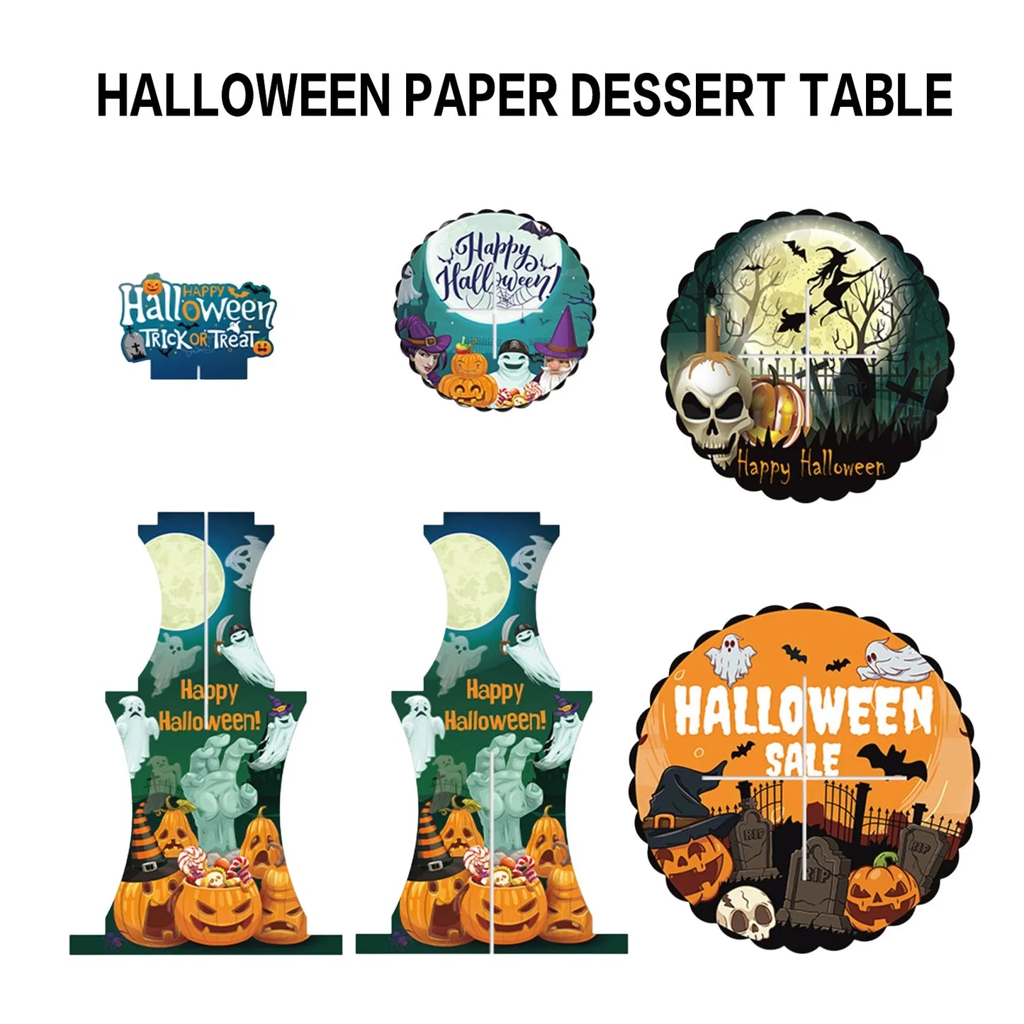 3-Tier Halloween Paper Dessert Stand - DIY Spooky Party Candy Display with Ghost/Pumpkin/Bat Printed Buffet Table Decor