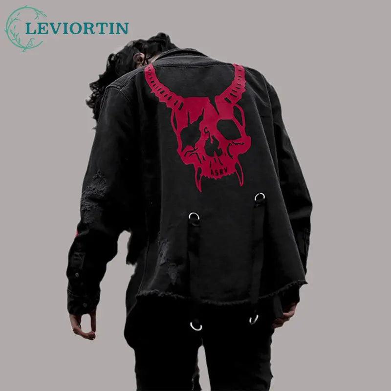 Demon Skull or Snake Hunter Black Denim Jacket Rock Punk Heavy Metal Harajuku Gothic Sweatshirt Sudadera Suspenders Hole Streetwear - Premium denim jacket from Lizard Vigilante - Just $44.99! Shop now at Lizard Vigilante