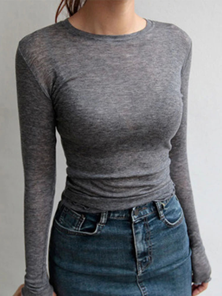 High Quality Plain T Shirt Women Cotton Elastic Basic T-shirts Female Casual Tops Long Sleeve Sexy Thin T-shirt see through - Premium  from Lizard Vigilante - Just $6.99! Shop now at Lizard Vigilante