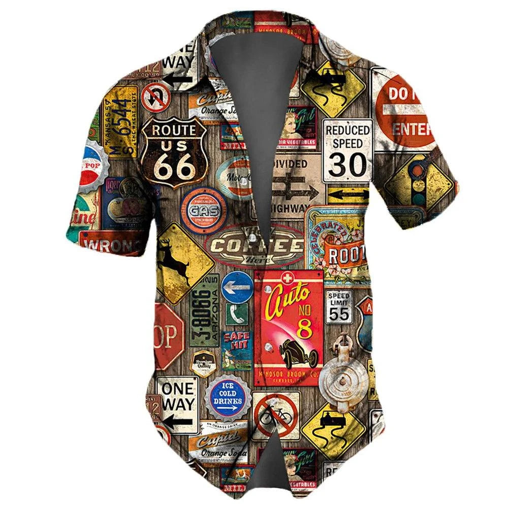 "U.S. Route 66 Retro Hawaiian Shirt" - 3D Fashion Short Sleeve Streetwear for Men - Premium hawaiian shirt from Lizard Vigilante - Just $26.66! Shop now at Lizard Vigilante