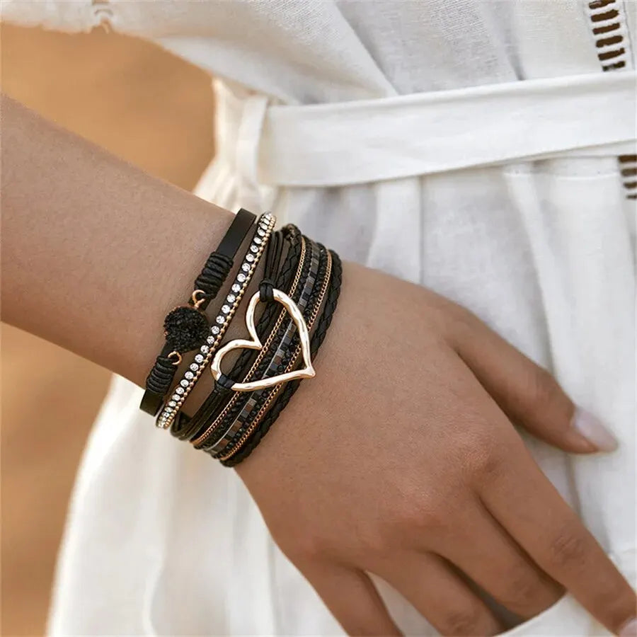 Love Heart New Metal Charm Leather Bracelets for Women Fashion Bohemian Rhinestone Resin Wrap Bracelet Bangle Couple Jewelry - Premium bracelet from Lizard Vigilante - Just $19.99! Shop now at Lizard Vigilante