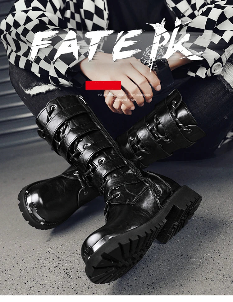DEADFUEL BLACKOUT: Men’s Mid-Calf Leather Motorcycle Boots with Zip Buckle – Streetwear Punk Cowboy Tool Boots for Winter Chaos - Premium boots from dsers - Just $135.99! Shop now at Lizard Vigilante